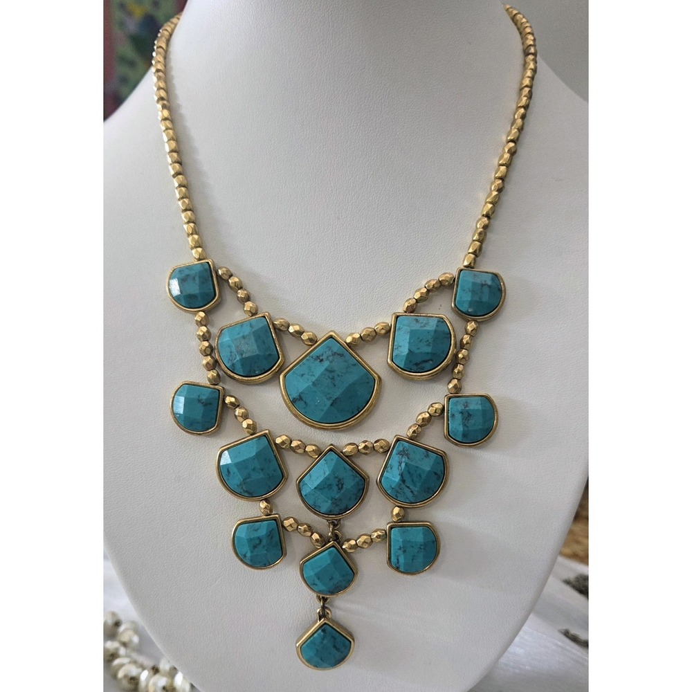 Lucky Brand Bib Necklace Faceted Faux Turquoise Gold‎ beads Beaded Statement